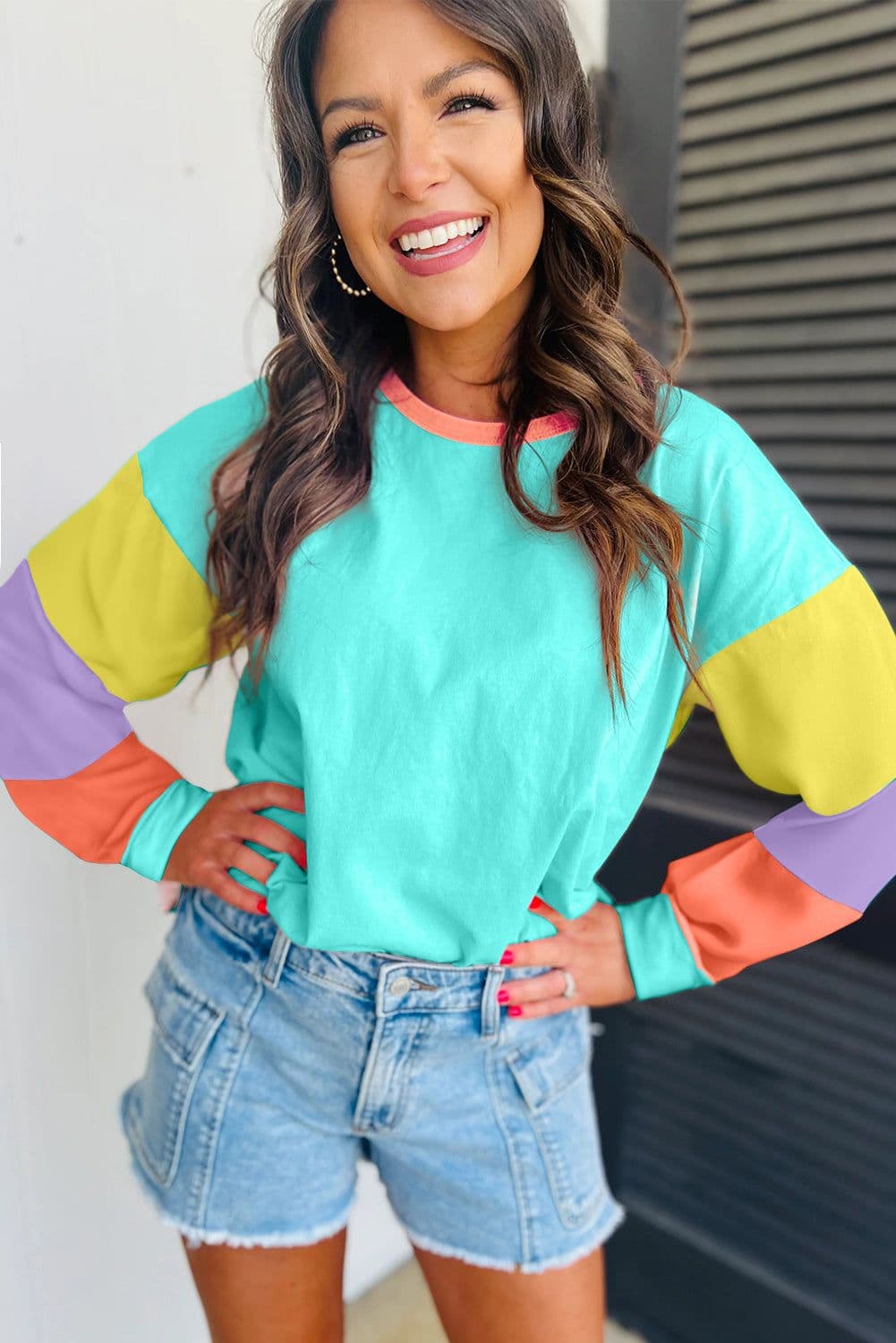 image-Dark Blue Colorblock Patchwork Long Sleeve Loose Top