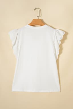 image-White Eyelet Embroidered Flutter Sleeve V-Neck Tee - 95% Cotton