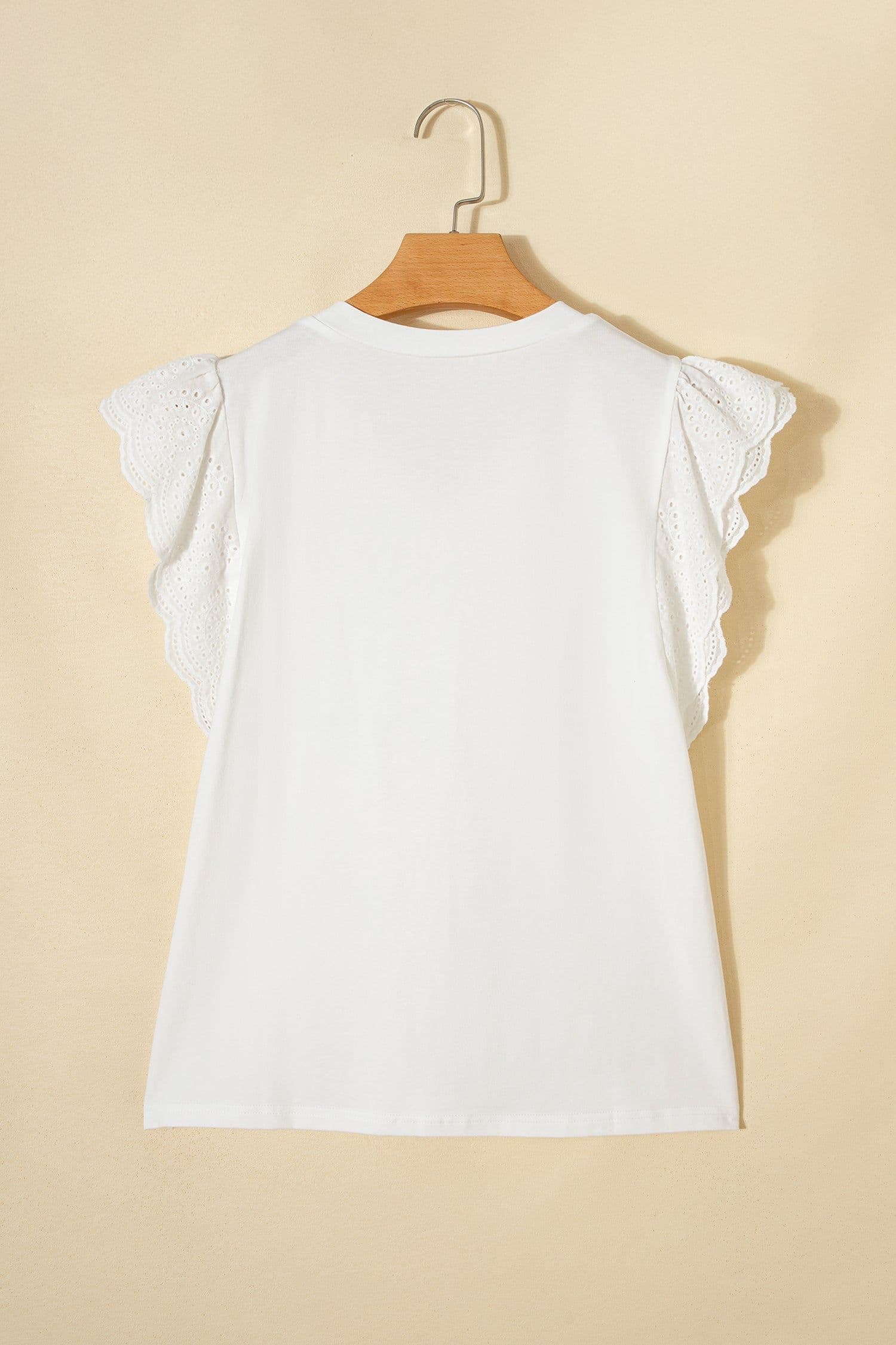 image-White Eyelet Embroidered Flutter Sleeve V-Neck Tee - 95% Cotton
