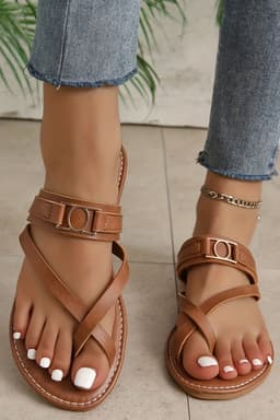 image-Chestnut Cross Toe Leather Flat Slippers with Metal Buckle