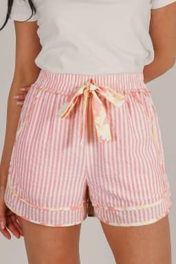 image-Light Pink Floral Trim Ribbon Knot Striped Casual Shorts