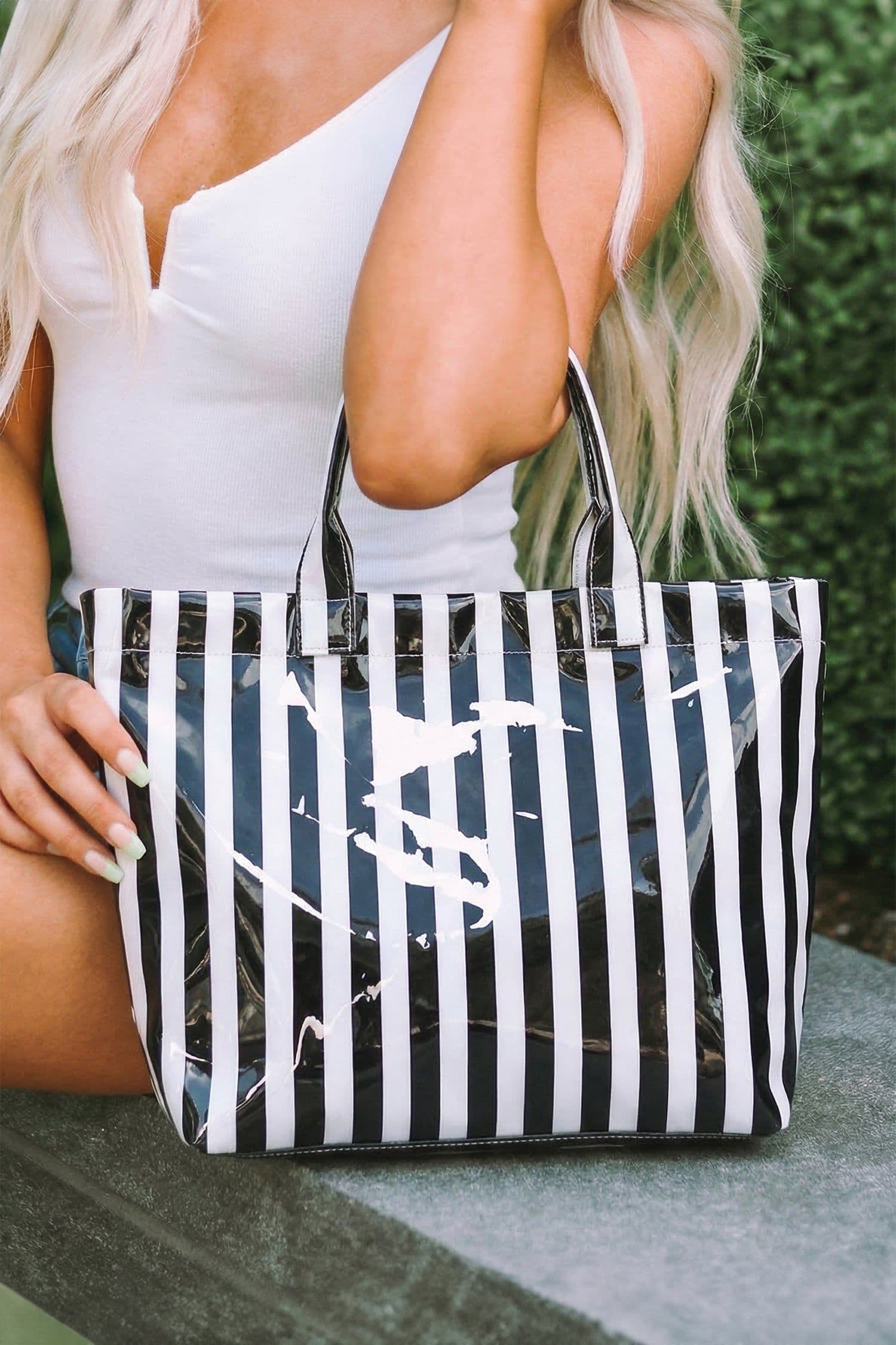 image-Black Glossy Striped Vinyl Large Tote Bag