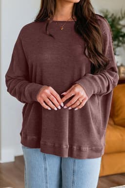 image-Bright Pink Waffle Knit Patchwork Long Sleeve Top