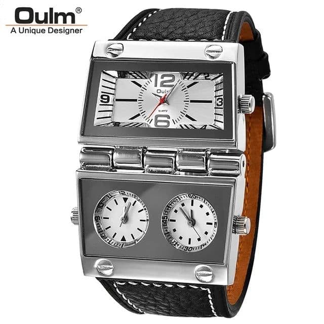 image-New Men Dual Display Sports Watches Oulm Men Watch Fold Big Size Fashion Outdoor Clock Leather Quartz Watch Relogio Masculino