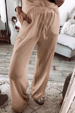 image-Parchment Textured Long Sleeve T-Shirt and Pants Lounge Set