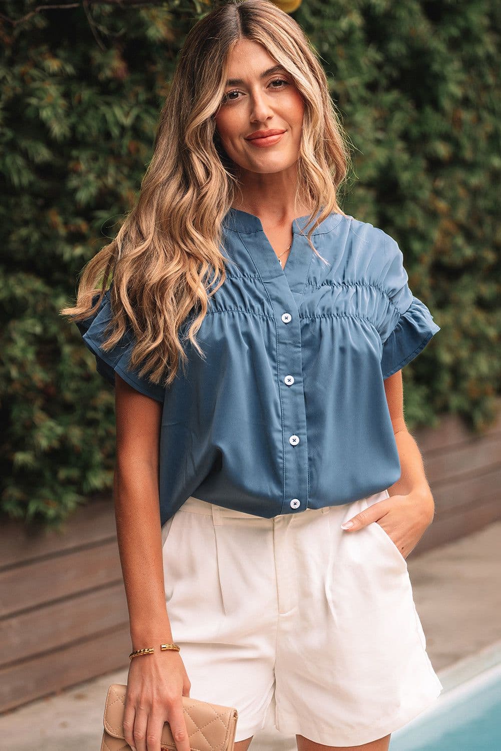 image-Real Teal Ruffle Ruched Buttoned Shirt