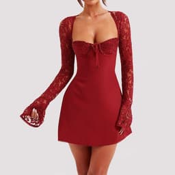 image-Y2K Lace Long Sleeve Backless Dress - Short