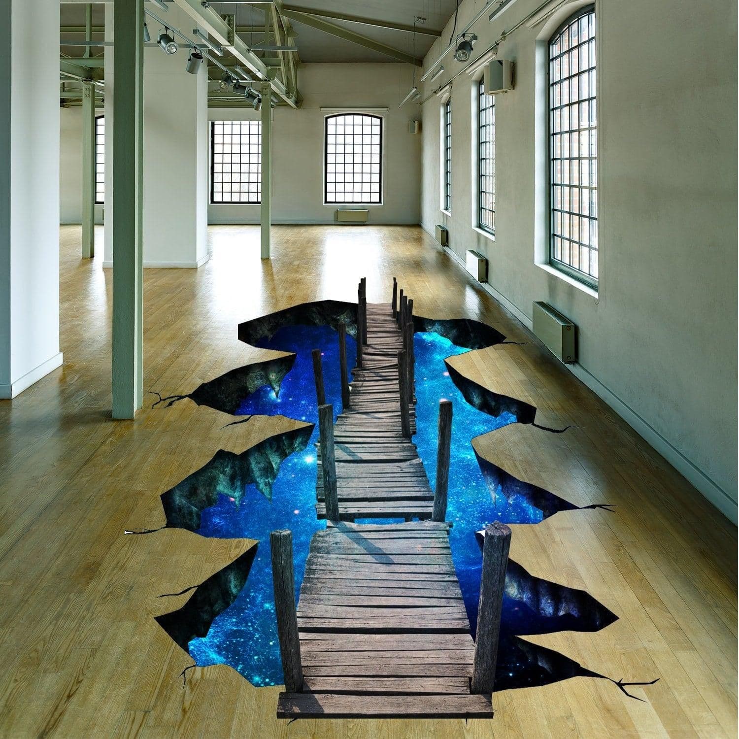 image-3d Space Bridge Floor Vinyl Decal - Bathroom Living Room Flooring Galaxy Decals Stick Peel Decor Stickers Decoration Kids Classroom Sticker