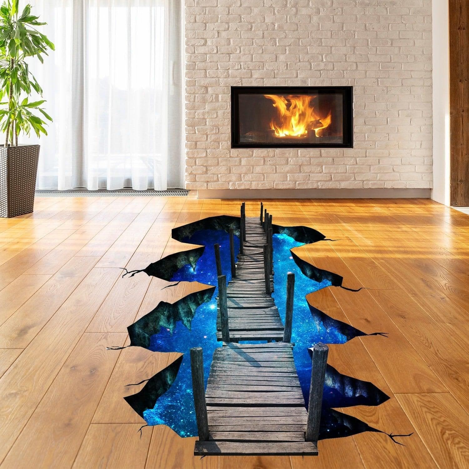 image-3d Space Bridge Floor Vinyl Decal - Bathroom Living Room Flooring Galaxy Decals Stick Peel Decor Stickers Decoration Kids Classroom Sticker