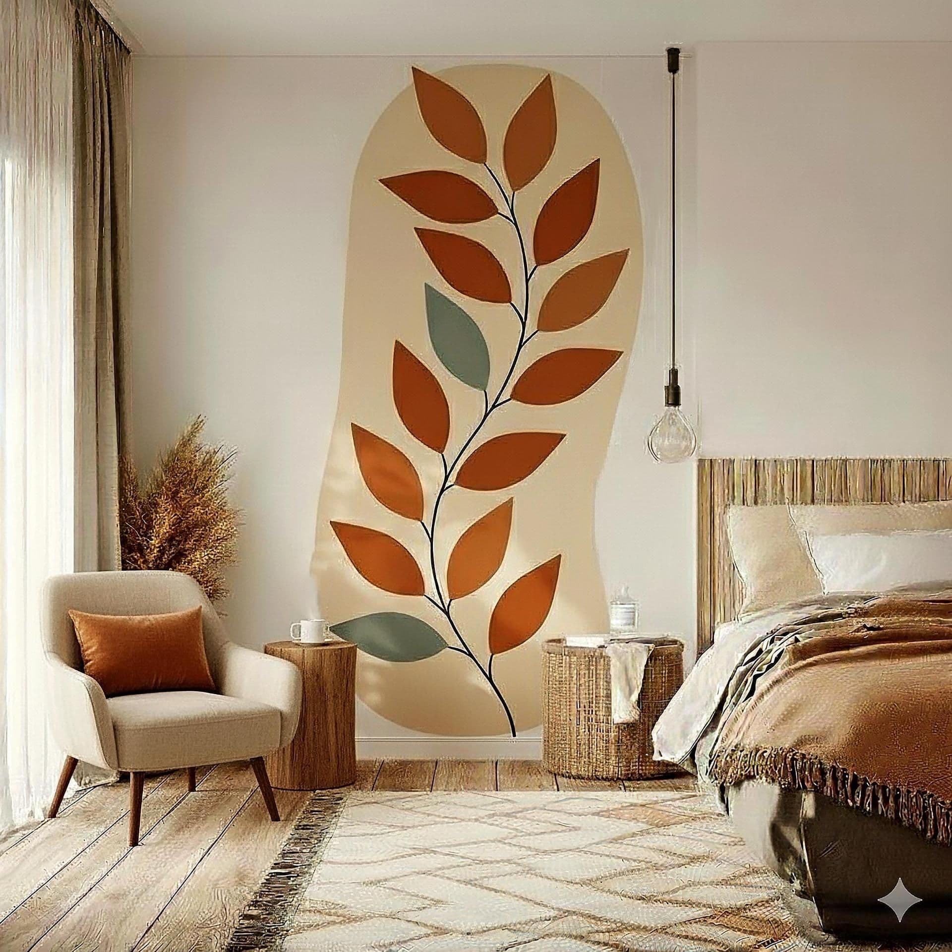image-Abstract Leaf Wall Decal | Modern Botanical Vinyl Sticker | Minimalist Plant Wall Art | Large Bedroom Wall Decor Warm Earth Tone Wall Mural