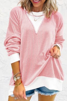 image-Peach Blossom Colorblock Drop Shoulder Loose Top