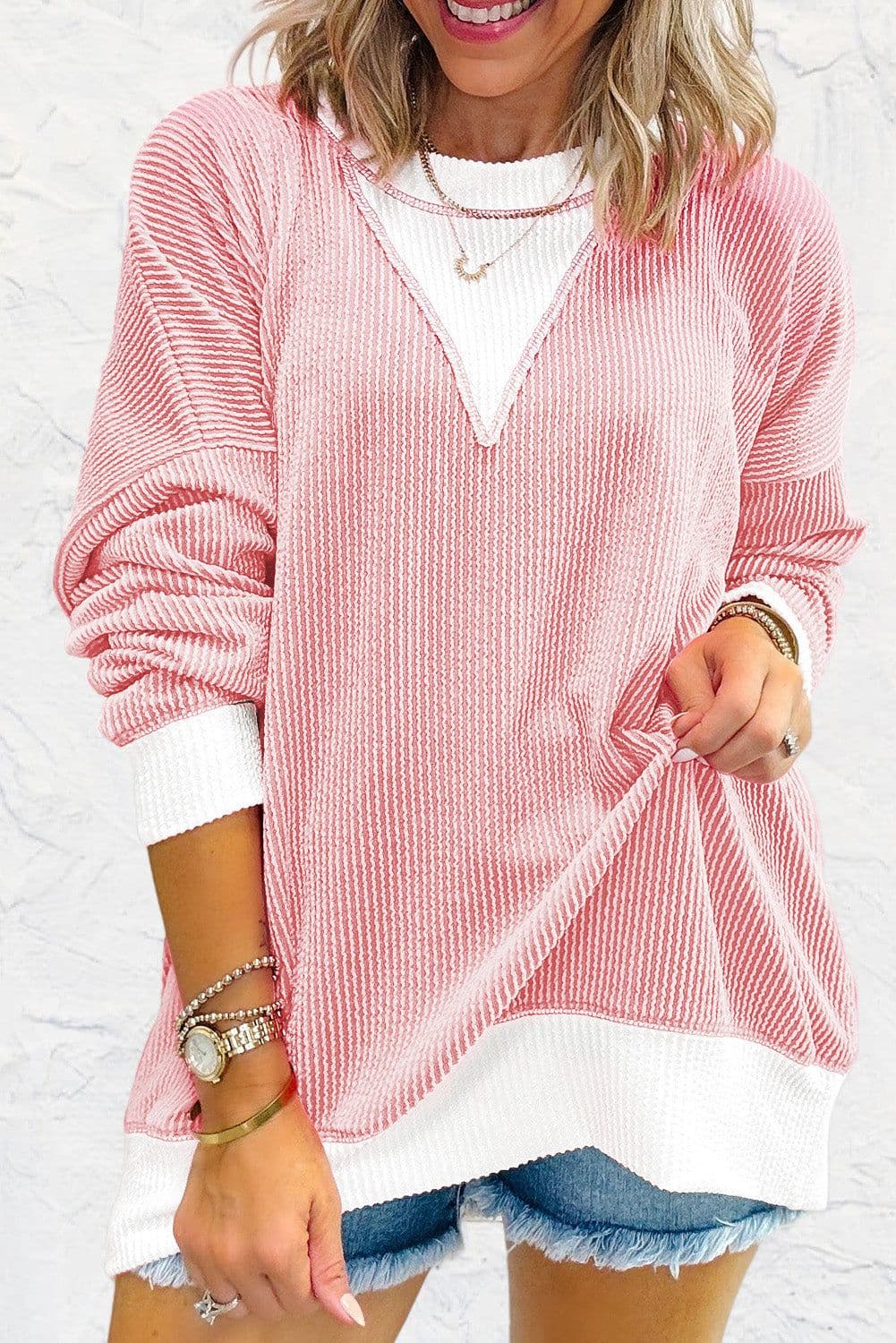 image-Peach Blossom Colorblock Drop Shoulder Loose Top