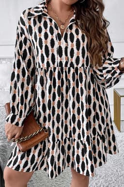 image-Plus Size Apricot Geometric Print V Neck Mini Dress - Trendy Geometric Design