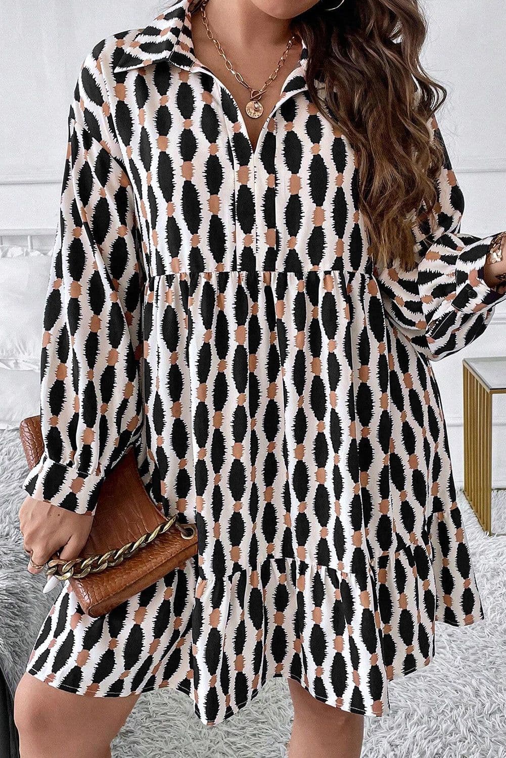 image-Plus Size Apricot Geometric Print V Neck Mini Dress - Trendy Geometric Design