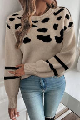 image-Khaki Leopard Striped Drop Shoulder Sweater