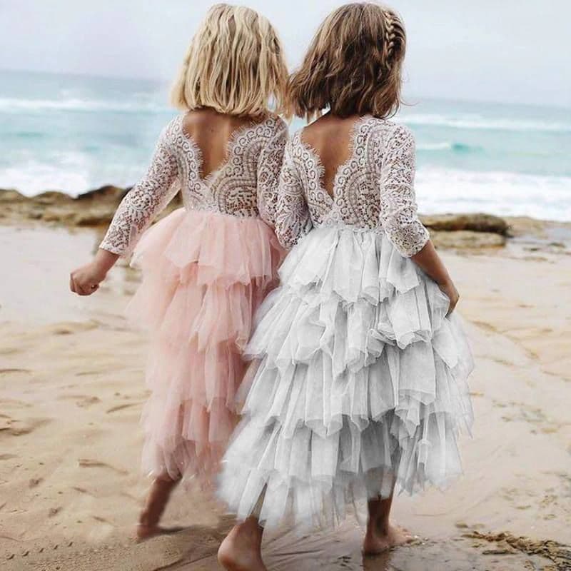 image-Autumn And Winter Explosions Hollow Children's Skirt Lace Long-sleeved Girls White Princess Dress Irregular Dress