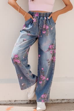 image-Blue Floral Print Elastic Waist Casual Jeans (50 characters)