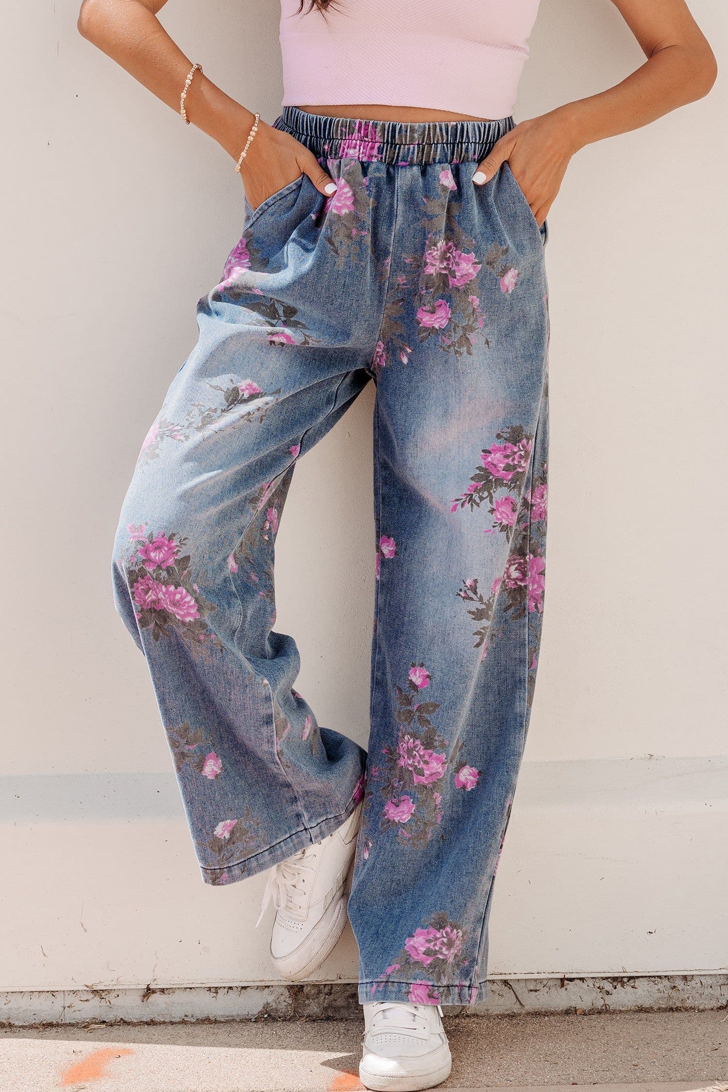 image-Blue Floral Print Elastic Waist Casual Jeans (50 characters)