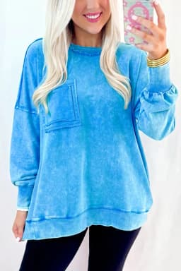 image-Blue Mineral Wash Sweatshirt Raw Seam Pockets