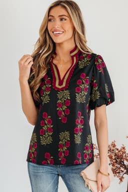 image-White Floral Blouse - Short Puff Sleeve Contrast