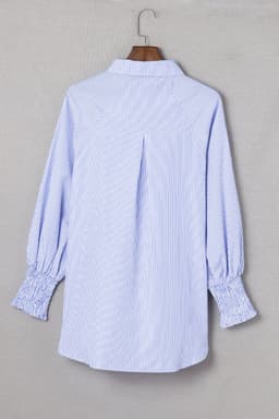 image-Sky Blue Striped Boyfriend Shirt with Pocket - Smocked Cuffs