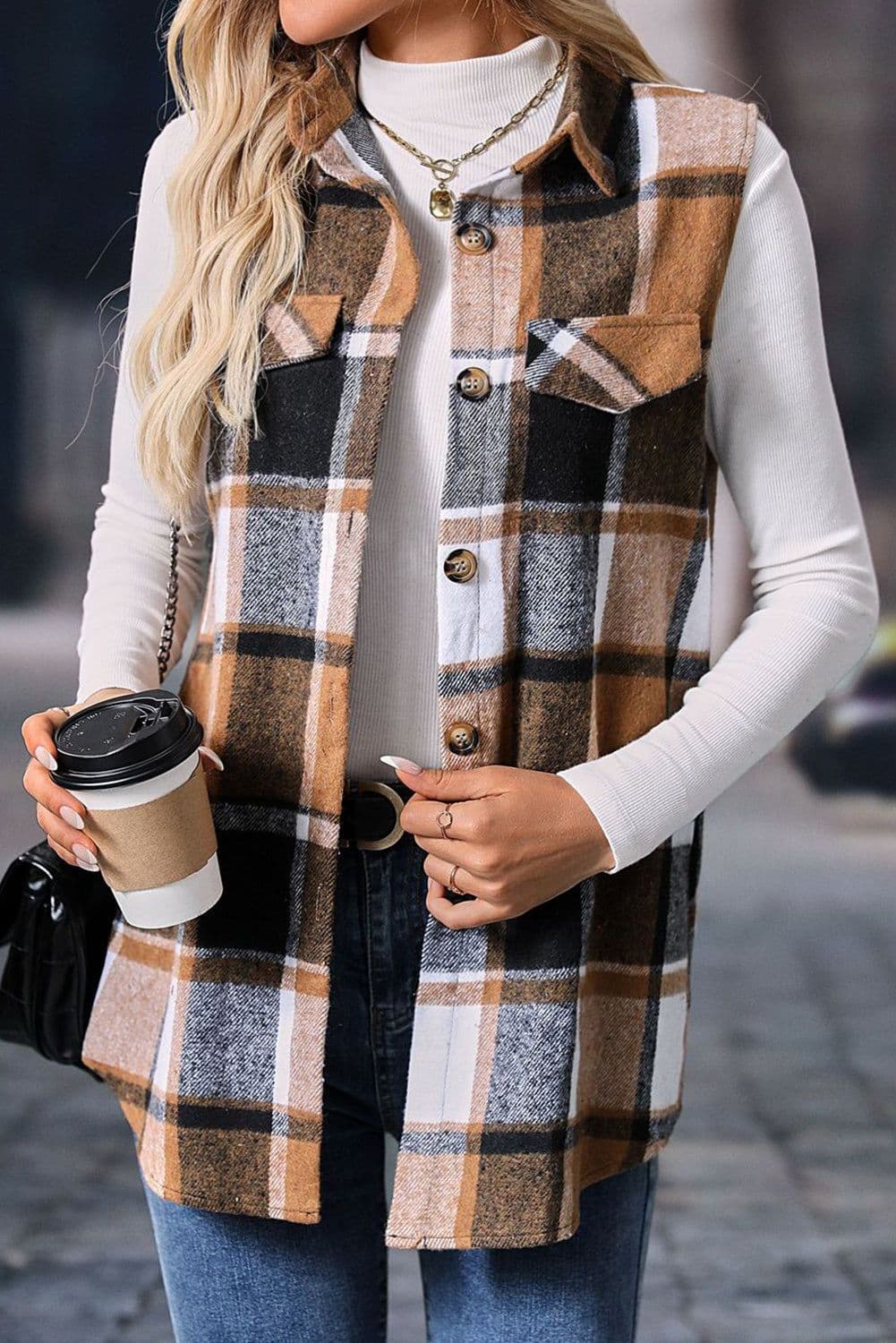 image-Straw Yellow Plaid Collared Vest