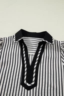 image-Green Stripe Collared Split Neck Bubble Sleeve Blouse