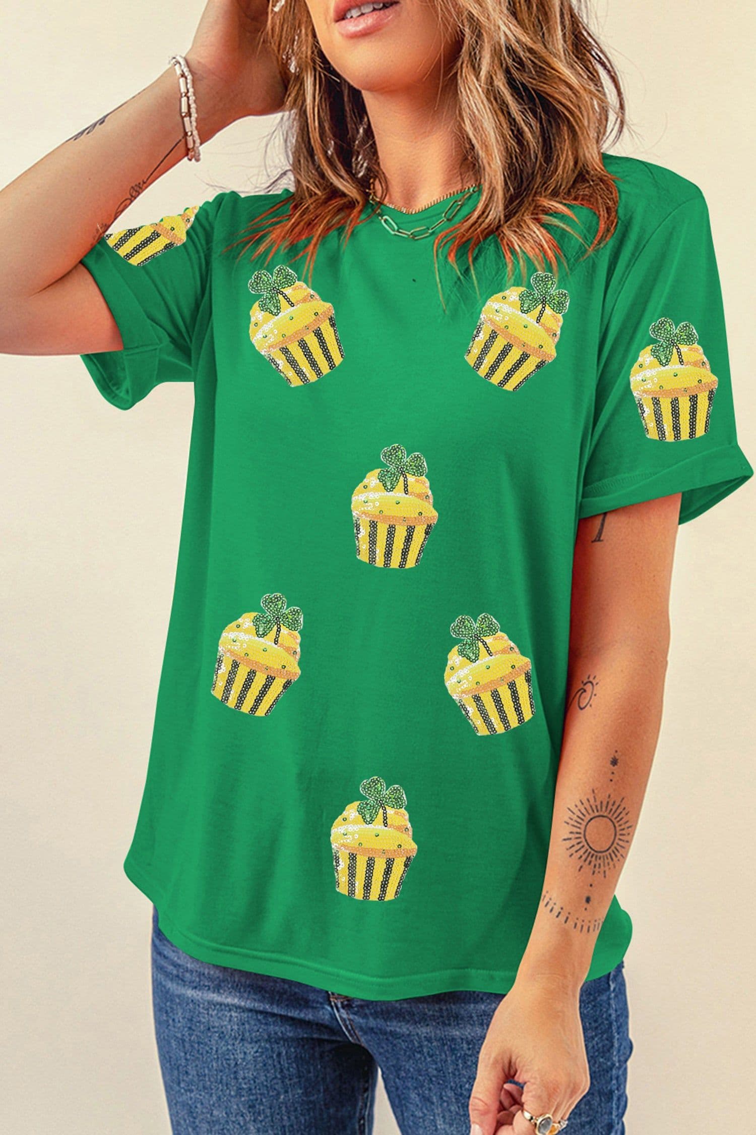 image-Bright Green St Patricks Day Sequin Cupcake Graphic T Shirt