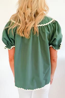 image-Mist Green Ric Rac Trim Tie Split Neck Short Sleeve Blouse
