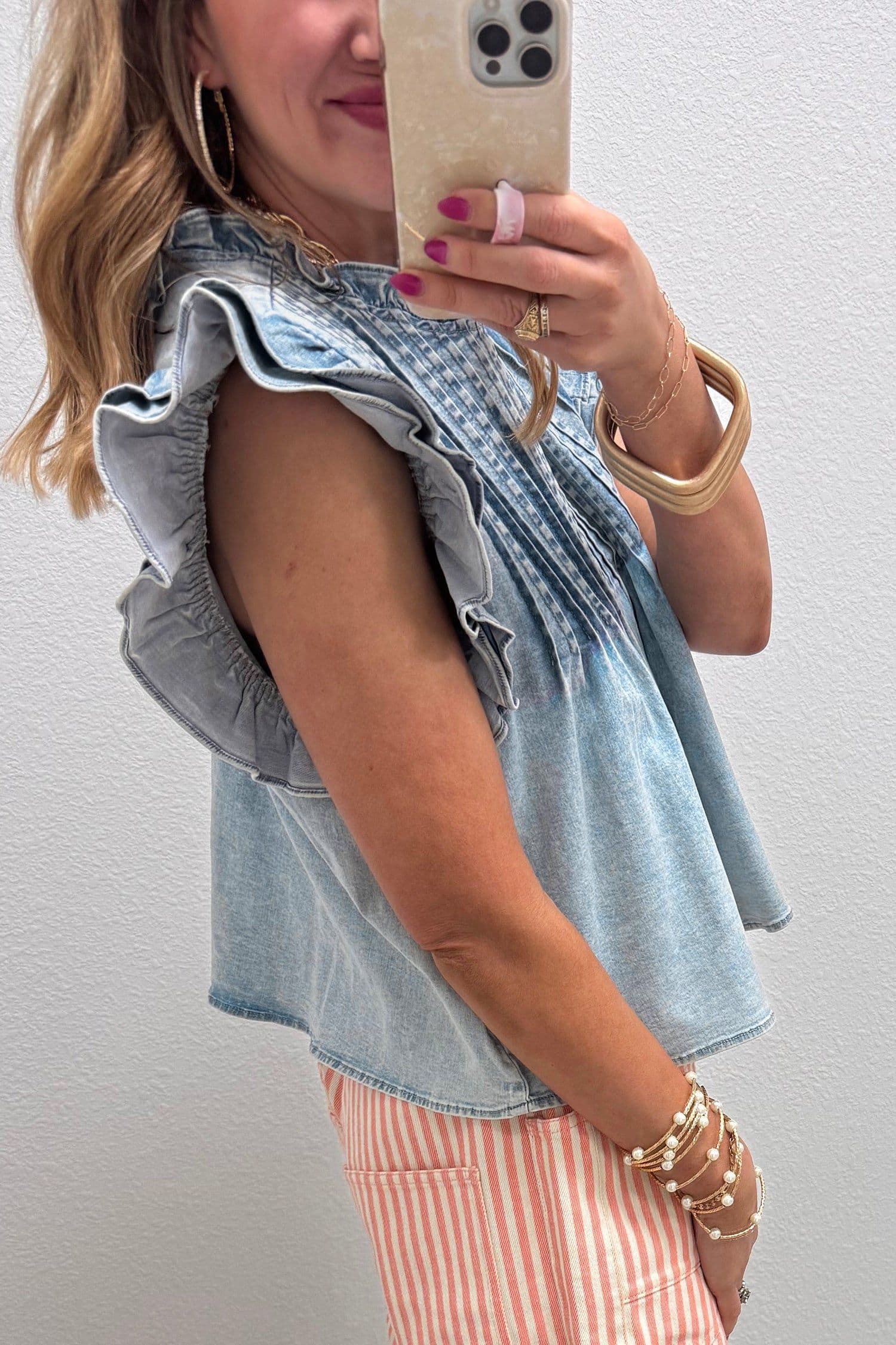 image-Beau Blue Ruffle Pleated Detail Vintage Washed Denim Top