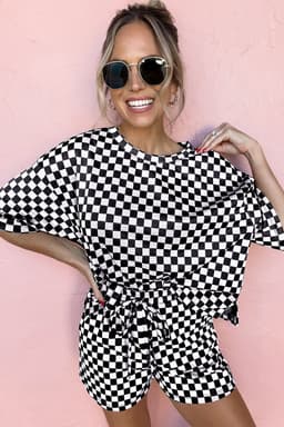 image-Black Checkered 2-Piece Set - Loose Tee and Shorts Casual Outfits