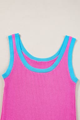 image-Pink Colorblock Edge Ribbed Knit U Neck Tank Top