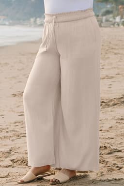 image-Beige Smocked High Waist Wide Leg Plus Size Pants