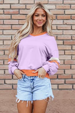image-Orchid Bouquet Contrast Rib Knit Patchwork Drop Shoulder V Neck Sweatshirt