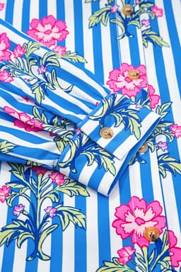 image-Blue Striped Floral Print Buttoned Cuffs Loose Fit Shirt
