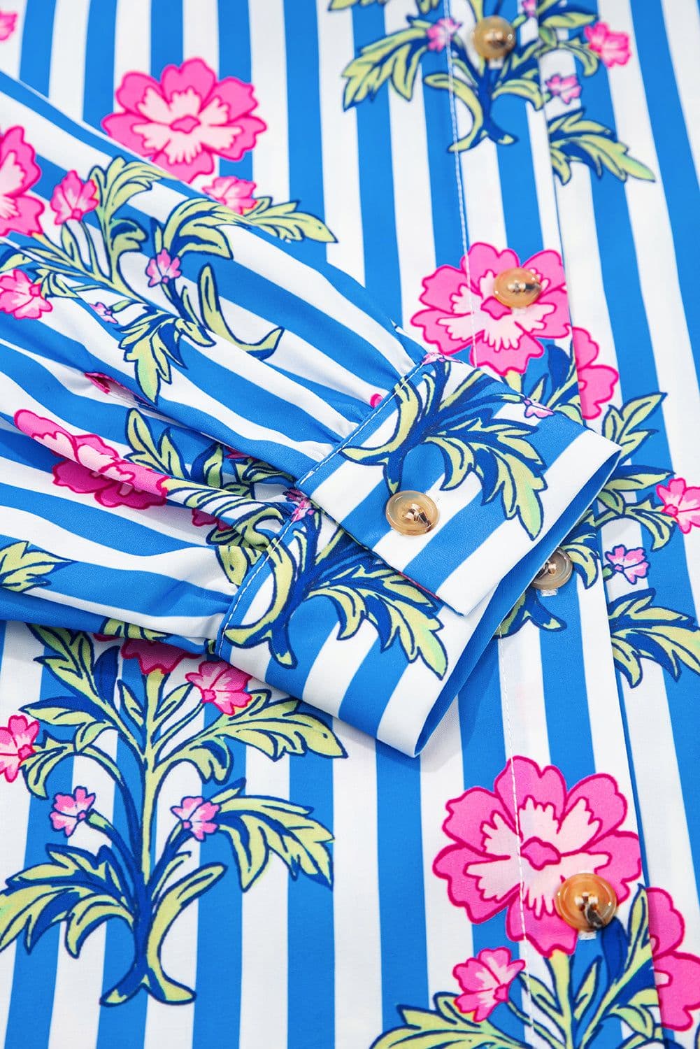 image-Blue Striped Floral Print Buttoned Cuffs Loose Fit Shirt