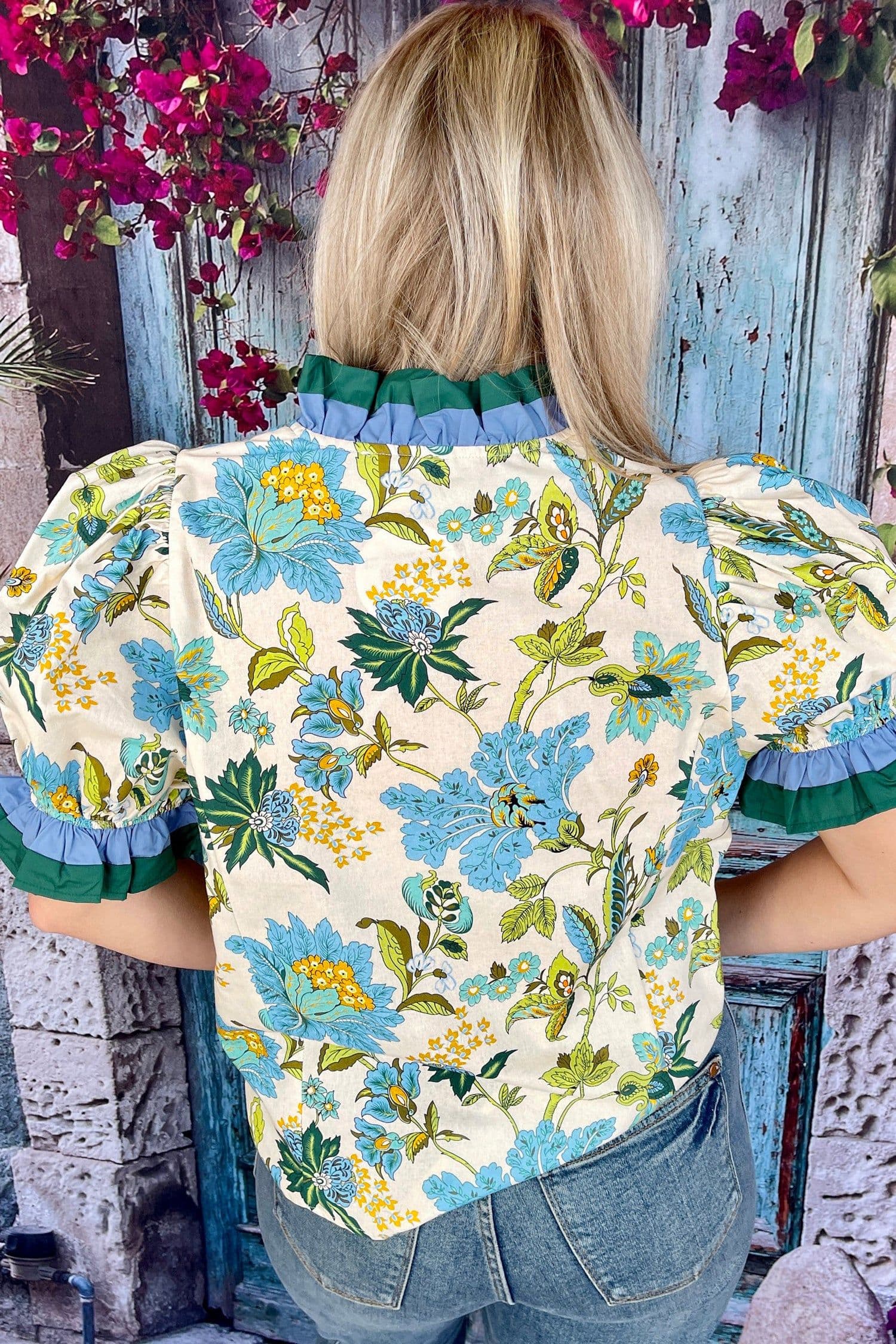 image-Sky Blue Plus Size Frilled V Neck Short Sleeve Floral Blouse