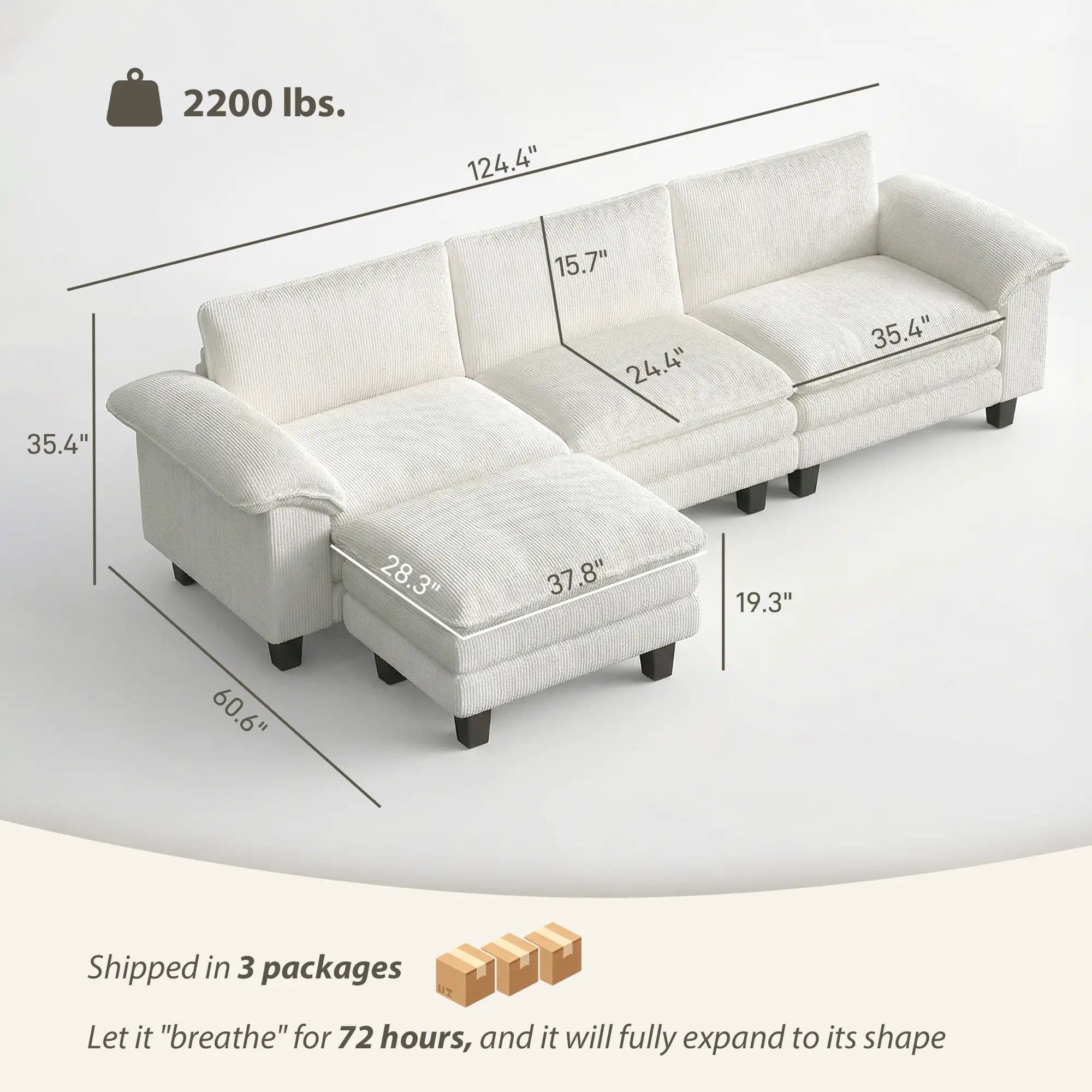 image-Sofa Bed - Beige Corduroy with Pocket Springs, 124.4" Wide, Ottoman Included