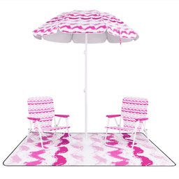 image-4-Piece Beach Set - 6.2ft Umbrella, 2 Chairs & Blanket Pink