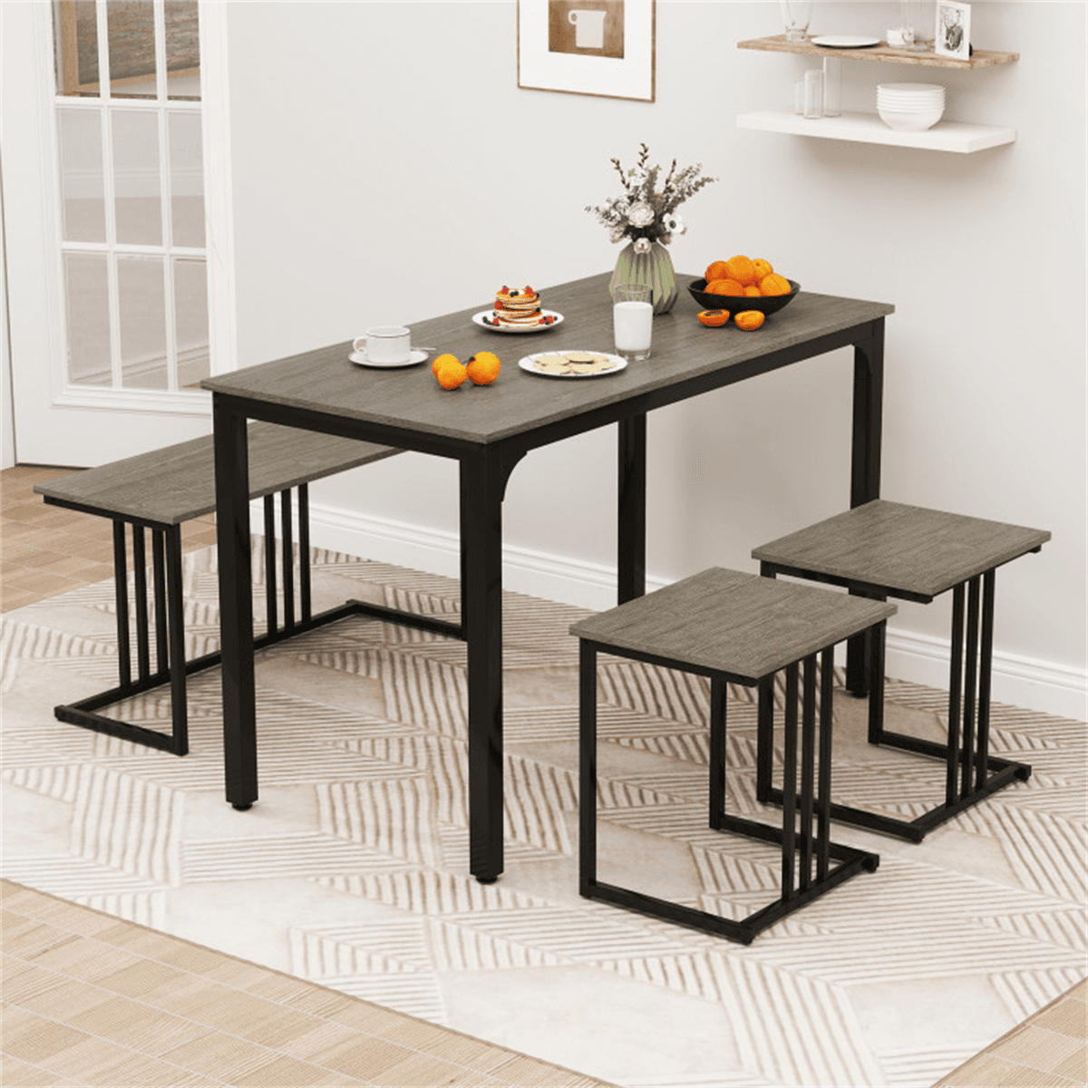 image-4-Piece Dining Table Set with Bench & 2 Stools - Oak