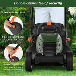 image-12A Electric Lawn Mower - 13.5" Cut, Dual Safety, Green