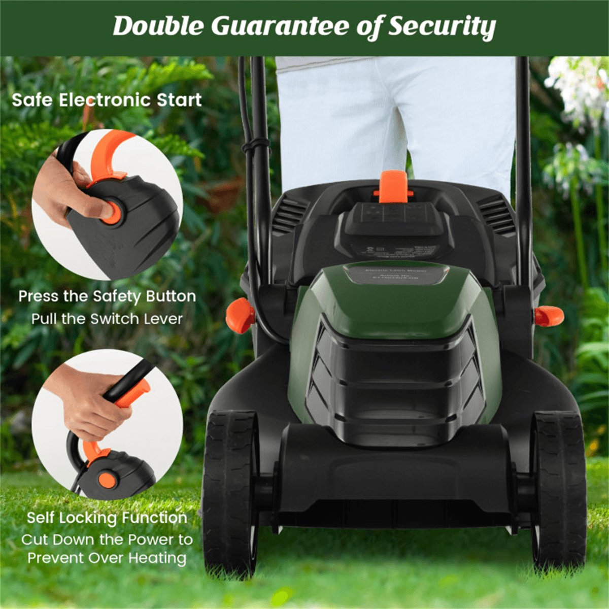 image-12A Electric Lawn Mower - 13.5" Cut, Dual Safety, Green
