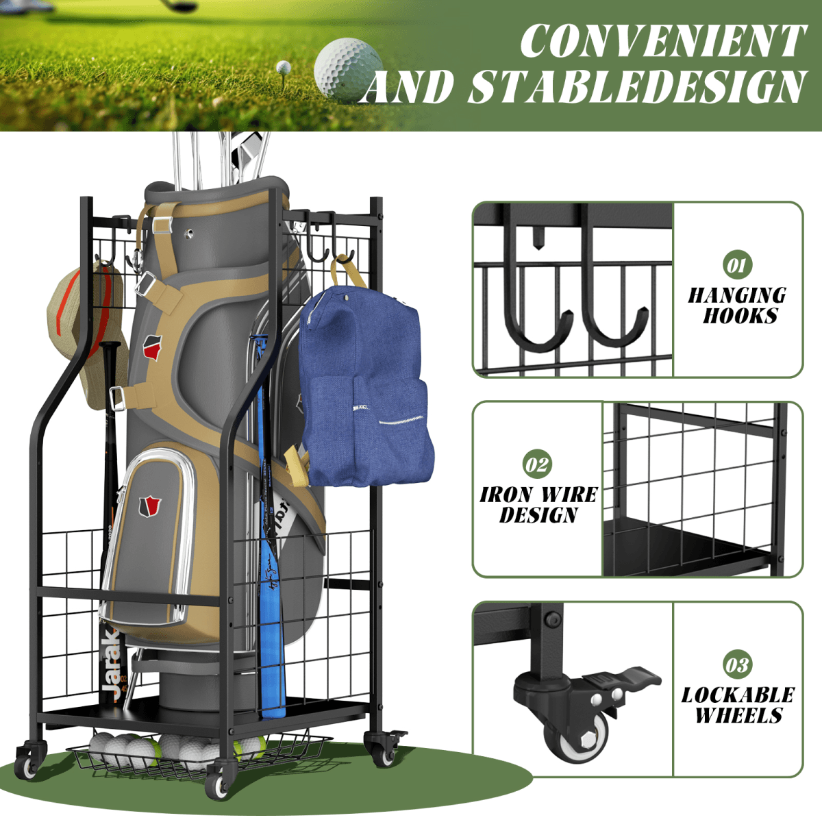 image-Golf Bag Storage Rack - Garage Organizer Steel