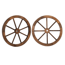 image-24-Inch Rustic Wooden Wagon Wheels, 2-Pack, Brown Garden Wall Decor