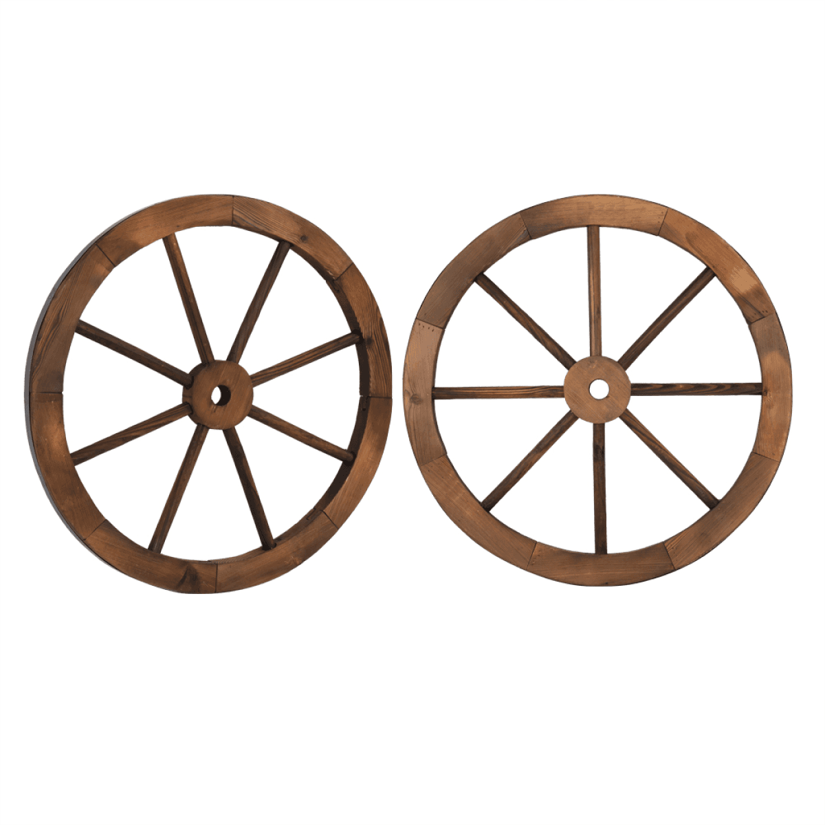 image-24-Inch Rustic Wooden Wagon Wheels, 2-Pack, Brown Garden Wall Decor