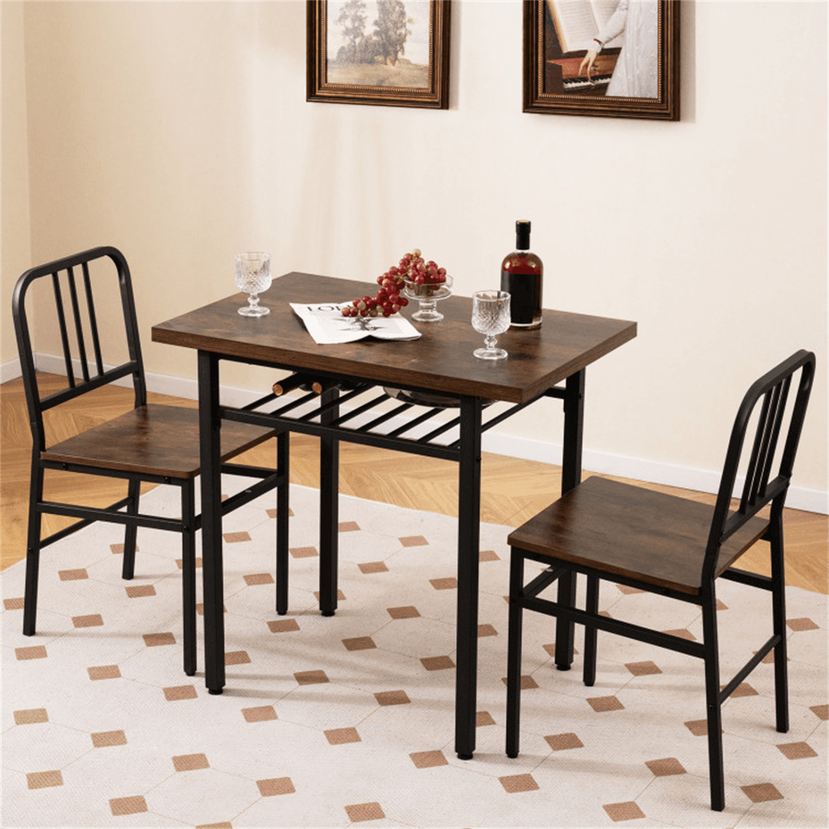 image-3-Piece Dining Table Set Rustic Brown Black
