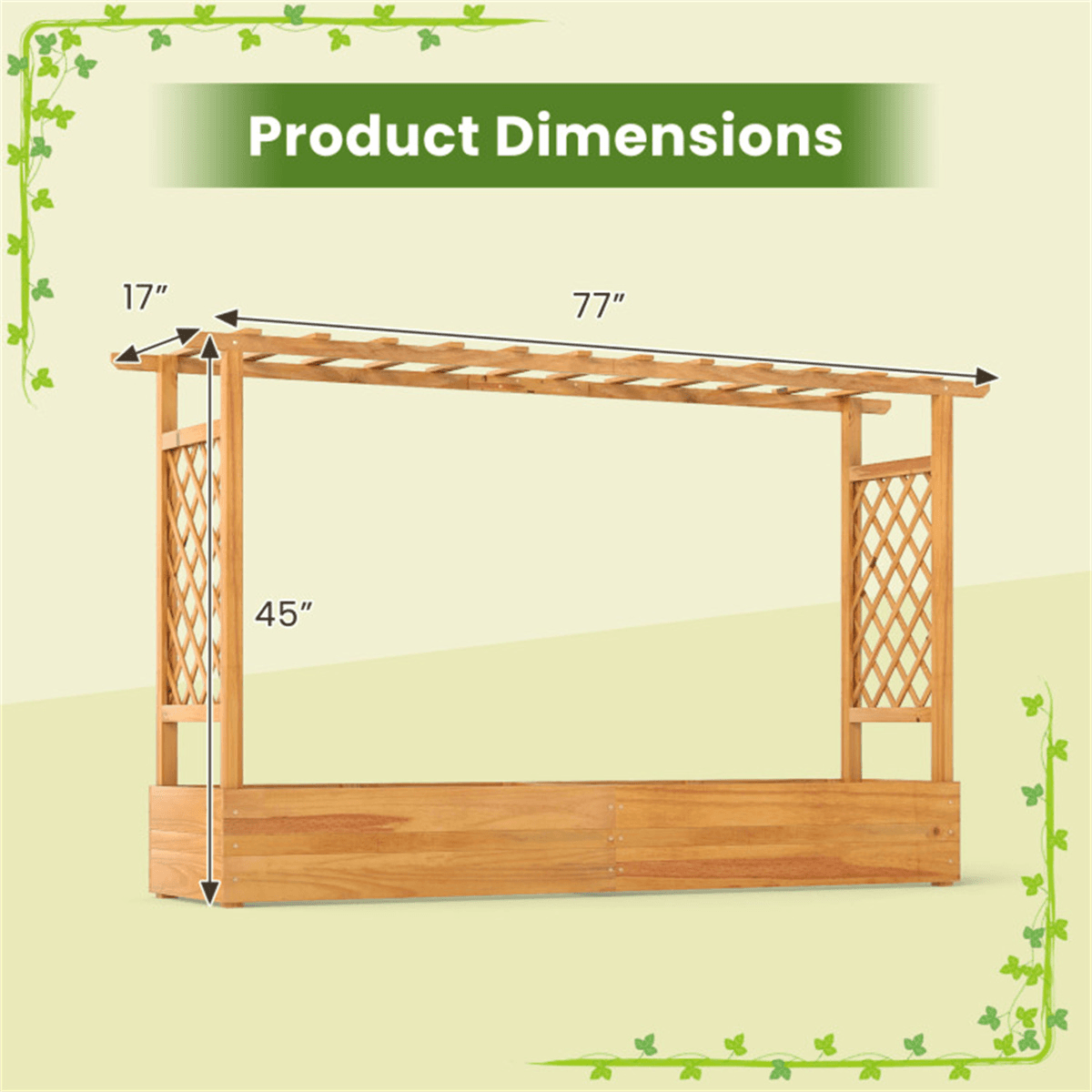 image-Wooden Raised Garden Bed, 77" x 17" x 45", Pine Wood, Open-Ended Trellis