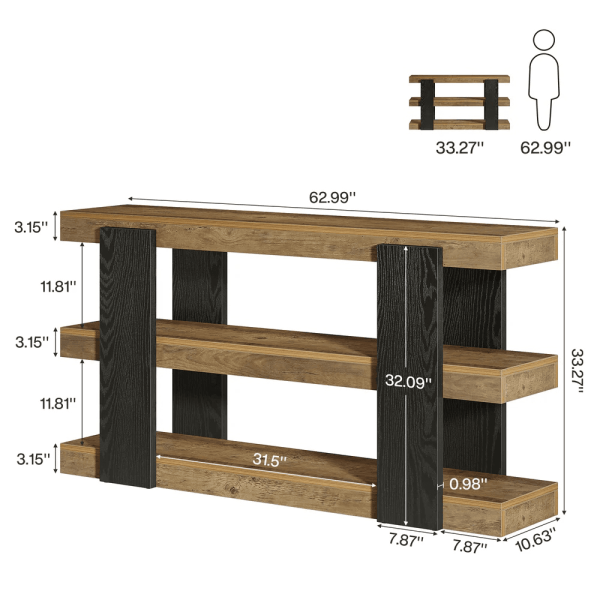 image-Rustic Console Table - 63" W x 10.63" D x 33.27" H, MDF