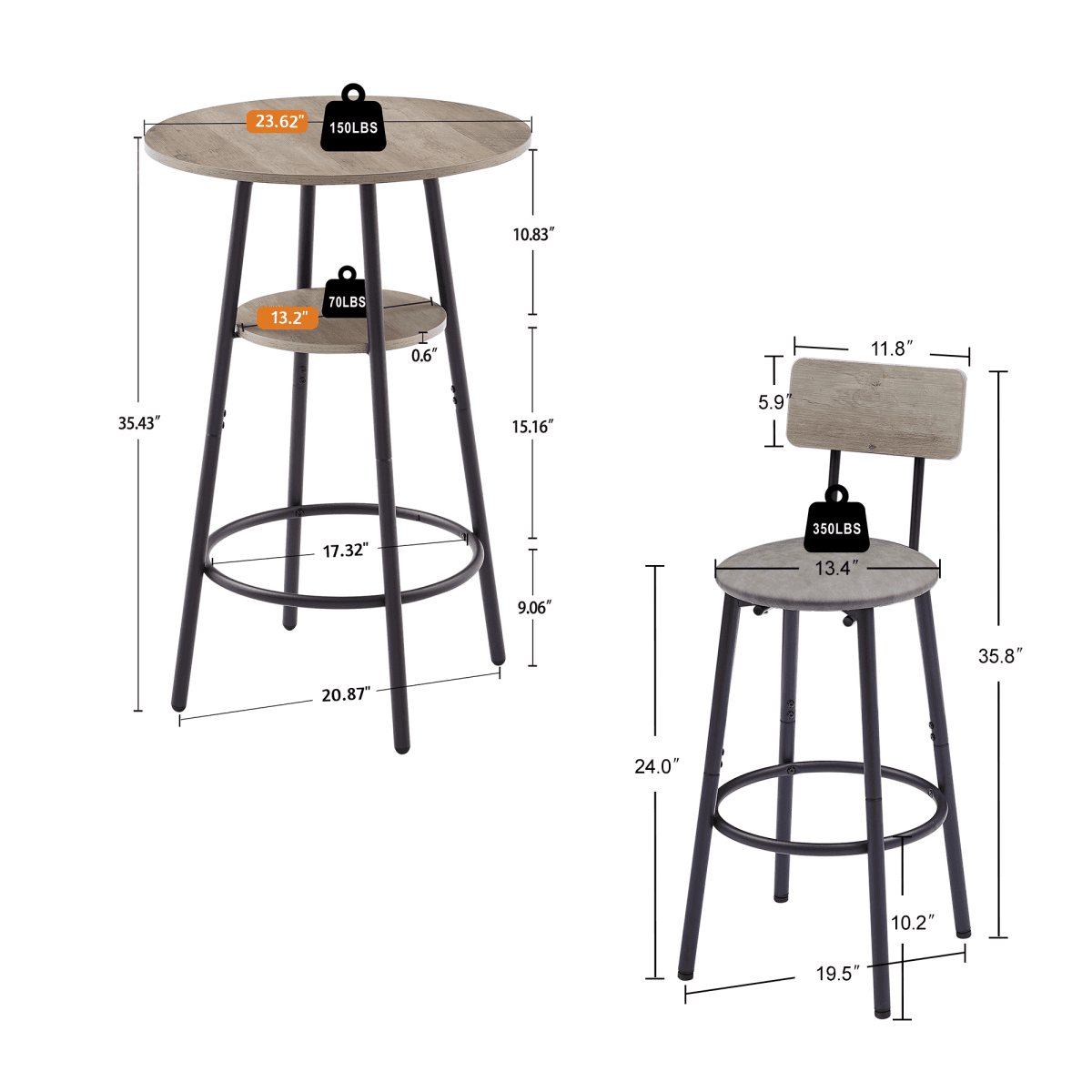 image-Round Bar Stool Set with Shelf - Upholstered Grey, 23.6" x 23.6" x 35.4"