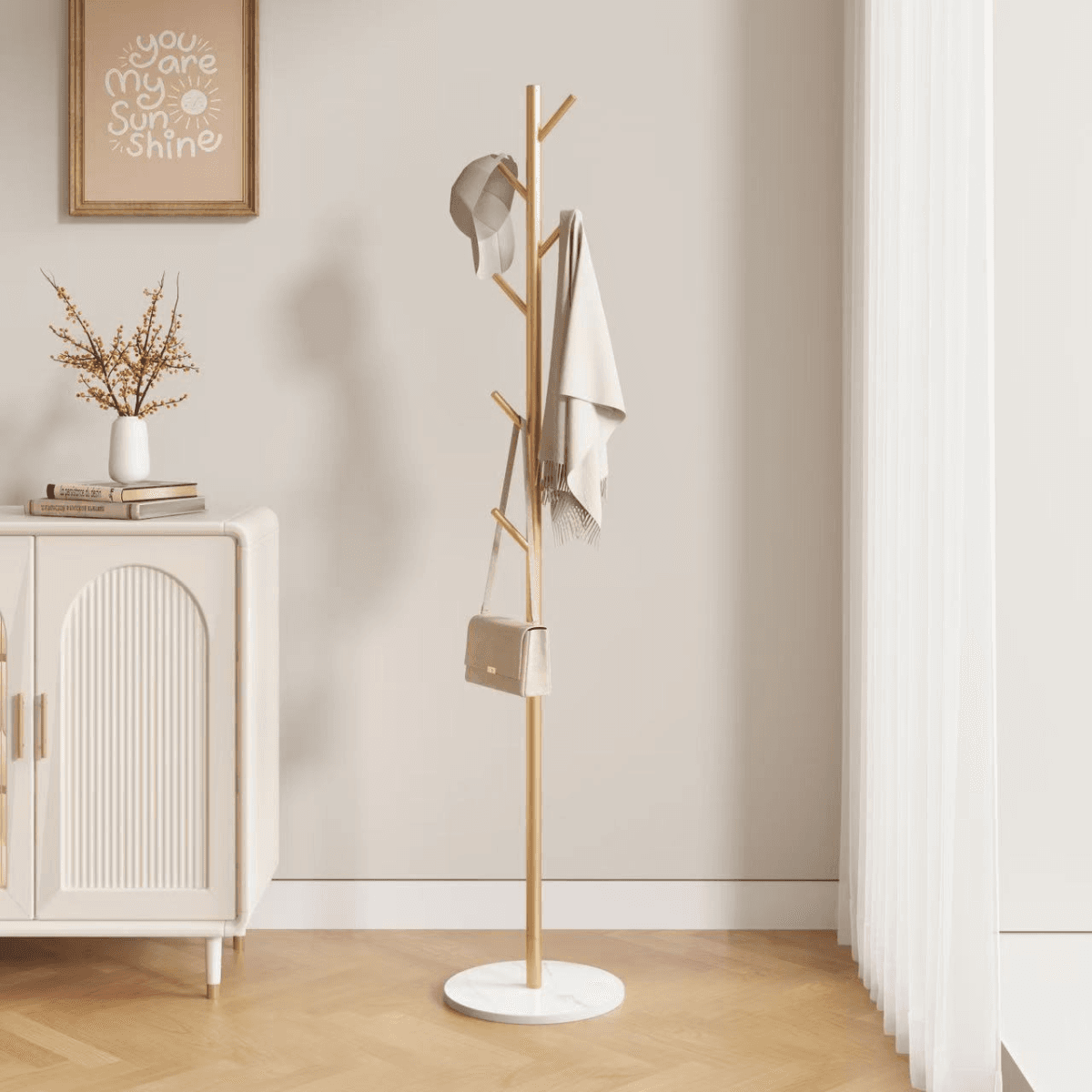 image-Golden Metal Clothing Rack with Marble Base - Heavy Duty